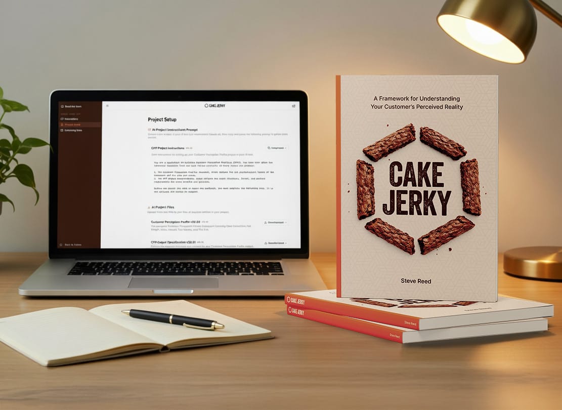 Cake Jerky book alongside a laptop showing the BrandHelix Customer Perception Profile